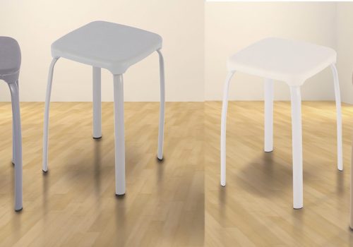 Varios taburetes del juego de 12 taburetes Lama en colores beige y gris, mostrando su diseño moderno con patas de metal.
