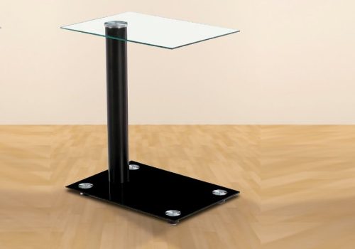Mesa auxiliar Ródano con tapa de cristal templado y base de cristal negro, ideal para cualquier espacio.