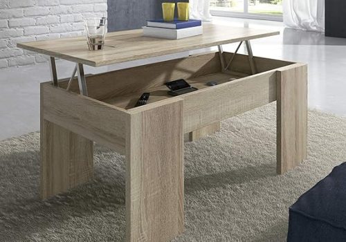 Mesa de centro para salón elevable modelo Gala en melamina blanca o cambria, con almacenaje interior, frente al sofá en un salón moderno.