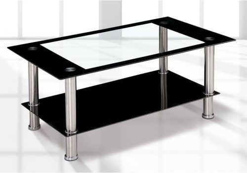 Mesa de centro para salón fija modelo Elba con tapa de cristal transparente, bandeja negra y patas de acero inoxidable, en el centro de un salón moderno y luminoso.