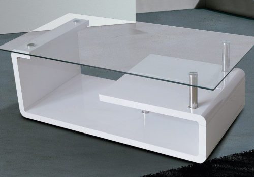 Mesa de centro para salón fija Eva con tapa de cristal templado y estructura DM en blanco, perfecta para ambientes modernos y luminosos.