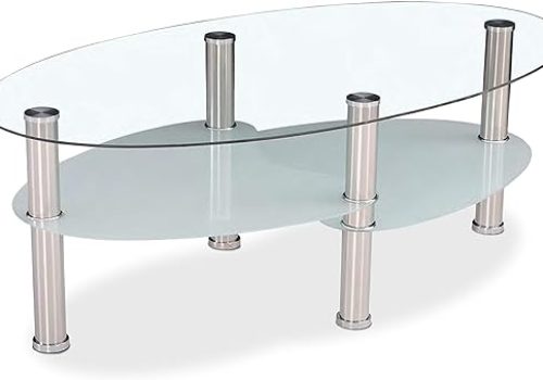 Mesa de centro para salón fija modelo Senna con tapa de cristal y patas de acero inoxidable, perfecta junto al sofá en un ambiente contemporáneo.
