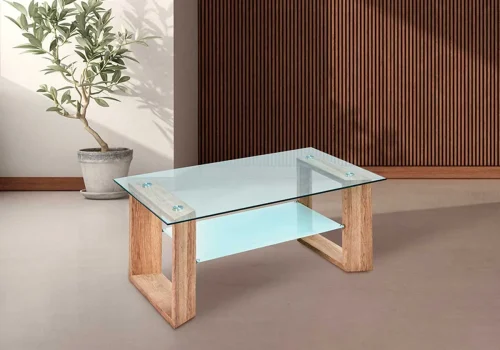 Mesa de centro para salón fija modelo Tara en cristal templado y cambria con bandeja blanca, ideal frente al sofá en un salón moderno y luminoso.