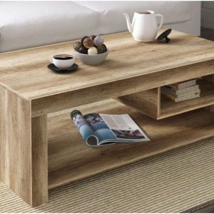 Mesa de centro para salón fija modelo Texas fabricada en melamina color cañón, con espacio de almacenaje, ubicada en un salón moderno y funcional.