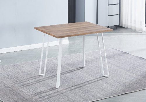 Mesa de cocina Jansen fija blanca de 100x70cm con encimera de madera técnica y patas metálicas, ubicada en una cocina moderna, lista para el desayuno.