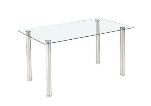 Mesa de comedor Avatar X con tablero de cristal templado de 140cm y patas de acero cromado, situada en un comedor moderno y luminoso, con 6 personas compartiendo una comida en torno a un espacio elegante y funcional.
