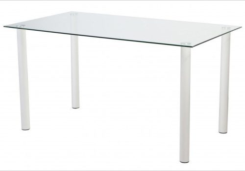 Mesa de comedor Yuri con tablero de cristal templado transparente y patas de acero pintadas en blanco o negro, en un comedor moderno y luminoso donde 6 personas disfrutan de una cena elegante rodeados de sillas de diseño.