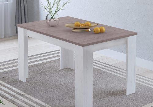 Mesa de comedor extensible modelo Corfu con tablero y patas de melamina en colores Andersen pino-gris, blanco, cambria o cañón. Perfecta para 6-8 personas, en un comedor moderno con familia y amigos reunidos alrededor durante una celebración.