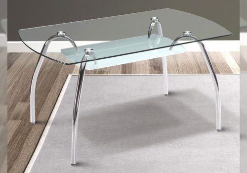 Mesa de comedor SAN con tapa de cristal templado transparente y bandeja inferior ahumada, acomodando a 6 personas en un comedor luminoso y moderno con decoración elegante.