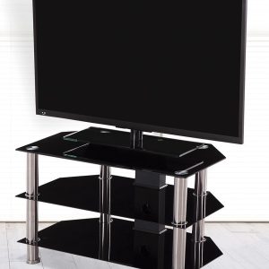 Mesa TV Manchester con tablero de cristal templado y patas de acero inoxidable.