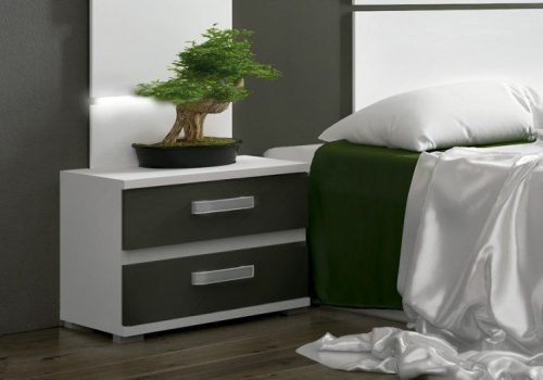 Mesita de noche Cabra blanca y grafito compacta y funcional para dormitorio moderno.