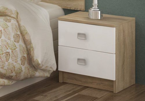 Mesita de noche juvenil Champion con dos cajones y frentes blancos, ideal para dormitorio moderno.