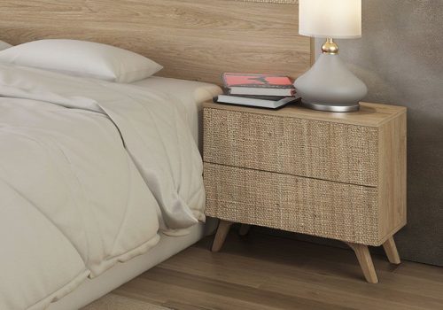 Mesita de noche dos cajones nórdica Soto, mueble elegante y duradero para dormitorios modernos.
