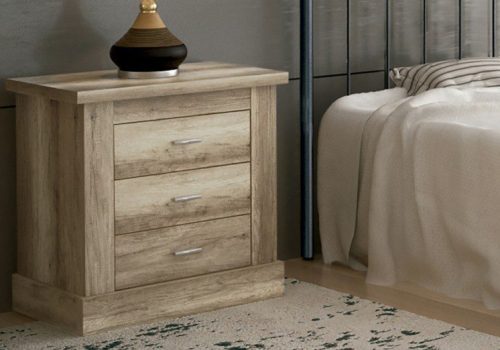 Mesita de noche Chellén de tres cajones moderna de melamina para dormitorio.