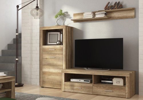 Mueble de salón apilable Texas 05 de 201 cm en color cañón, compuesto por módulo de TV, botellero y estantería.