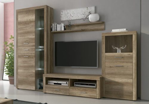 Mueble de salón apilable Texas 03 en color cañón, con su vitrina alta con LED, el botellero y mueble TV de 296 cm.