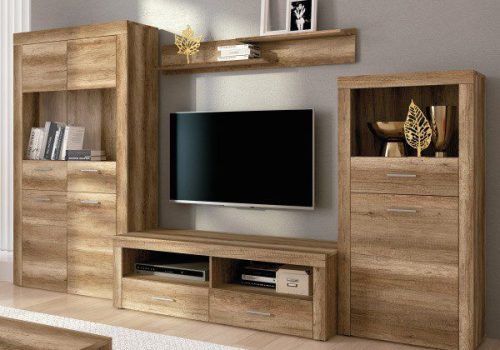 Composición de salón Texas 04 en acabado color Cañón, con un mueble de TV, aparador alto, módulo bar y estante, en un salón moderno y luminoso.