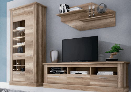 Composición de salón Chellén 01 de 276 cm en acabado Cañón, con mueble TV, vitrina alta con luces LED y estante de pared.