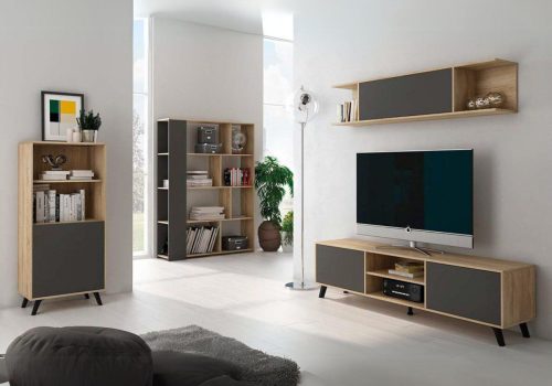 Salón Completo Soto 06 de estilo moderno en acabado cambria y grafito, compuesto por mueble de TV, módulo alto, estantería y mueble bar.