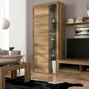 Salón completo moderno Texas 01 de 230cm, compuesto por un bajo de TV, vitrina con luces LED, estante y mesa de centro elevable.