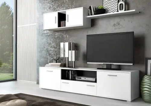 Mueble de salón completo Dimas en acabado Cambria y Blanco, con un módulo bajo para TV, un armario colgante y estante.