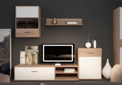 Mueble de salón modular Helena en acabado Cambria-Blanco, compuesto por cuatro piezas que crean un ambiente moderno y organizado.