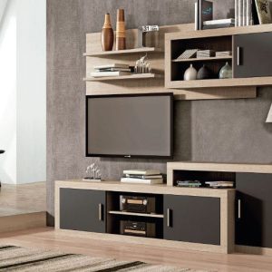 Conjunto de muebles de salón Lara 02 con diseño modular y asimétrico, acabado en madera Cambria y Grafito, ideal para salones modernos.