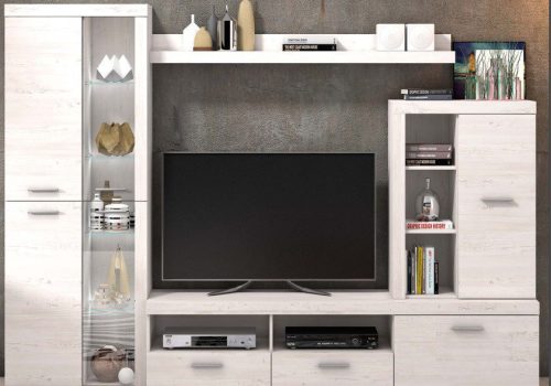 Ambiente de salón moderno con el Conjunto de Salón Lotto completo, destacando su vitrina alta con luces LED y mueble de TV.