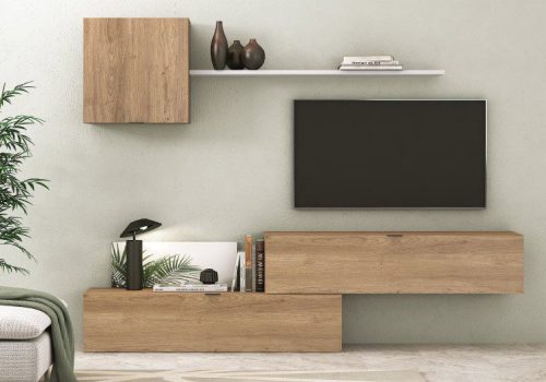 Mueble de salón suspendido Italia 04 con diseño modular, combinando módulos bajos en acabado madera y un estante blanco.
