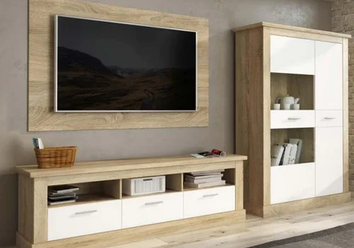 Composición de salón Chellén 05 en acabado cambria-blanco y cañón, con un mueble bajo de TV, vitrina y panel.