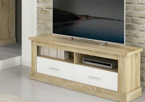 Mueble bajo de TV Chellén de estilo moderno con dos cajones y dos huecos en un salón luminoso.