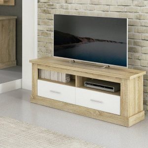 Mueble bajo de TV Chellén de estilo moderno con dos cajones y dos huecos en un salón luminoso.