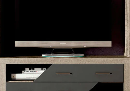 Mueble bajo TV Lara 2 cajones chaflán de estilo moderno en melamina, ideal para organizar el salón.
