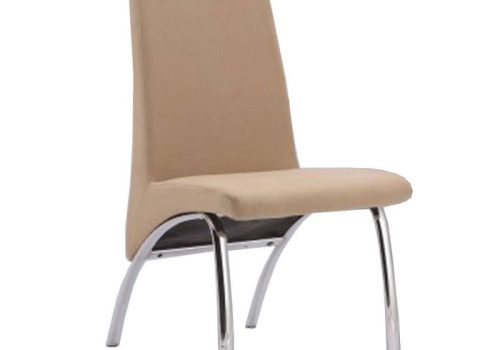 Pack de 2 sillas de comedor modelo Aroa, tapizadas en microfibra beige y marengo, con patas metálicas cromadas y diseño ergonómico modernas en un salón acogedor.