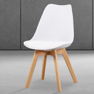 Pack de 4 sillas de comedor modelo Fina modernas con cojín en asiento y patas cuadradas en blanco y gris, ideal para espacios elegantes.