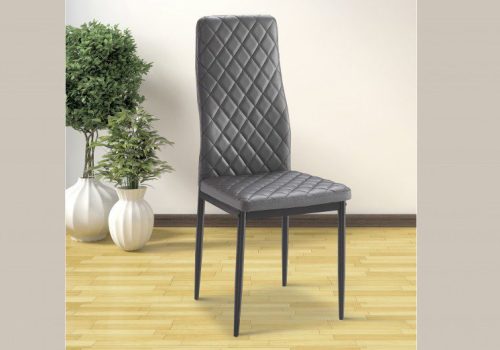 Pack de 6 sillas de comedor modelo Mármol tapizadas en PU gris con patas metálicas negras, ideal para salones modernos y reuniones familiares.