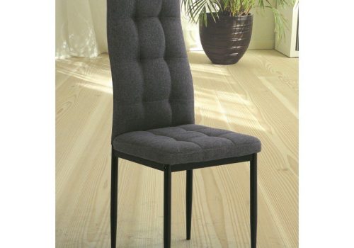 Pack de 6 sillas de comedor modelo Zuni tapizadas en tela gris con patas de metal negro, perfectas para ambientes modernos y elegantes.