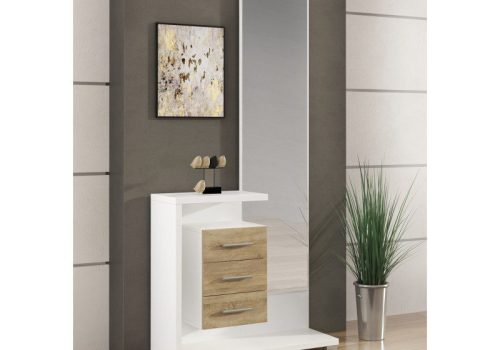 Recibidor Prisma de estilo moderno en melamina, con un mural decorativo y un taquillón para almacenamiento en la entrada del hogar.