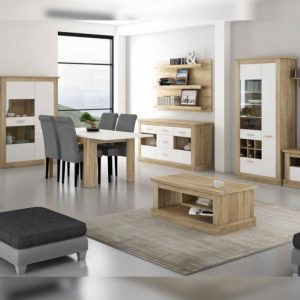 Conjunto de salón completo Chellén 03 en acabado Cambria-Blanco, con vitrina con luces LED, aparador, y comedor completo.