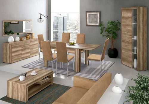 Ambiente de comedor elegante con el Salón Completo Texas 07 en color cañón, que incluye mesa extensible, sillas, vitrina con LED y aparador.