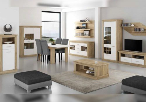 Salón completo Chellén 03 de estilo moderno en color cambria y blanco con mesa de comedor y vitrina con luces led.