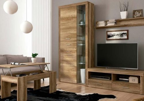 Salón completo Texas 01 de estilo moderno con vitrina alta con luces LED, mueble bajo para TV, estante y mesa de centro elevable.