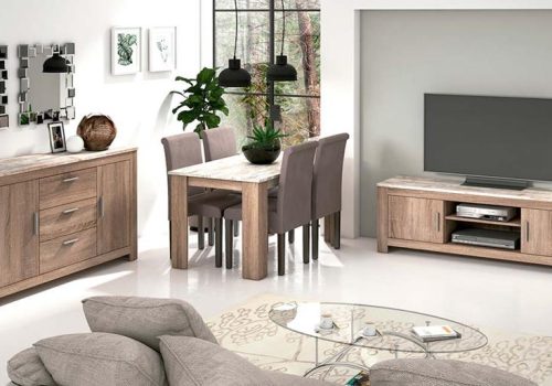 Salón Completo Roncal 12 de estilo moderno compuesto por aparador, mesa de comedor y mueble de TV en un ambiente de salón luminoso.