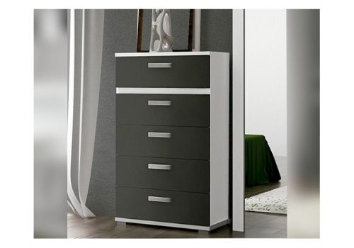 Sinfonier Cabra de 5 cajones con un elegante diseño en colores blanco y grafito, ideal para un dormitorio moderno.