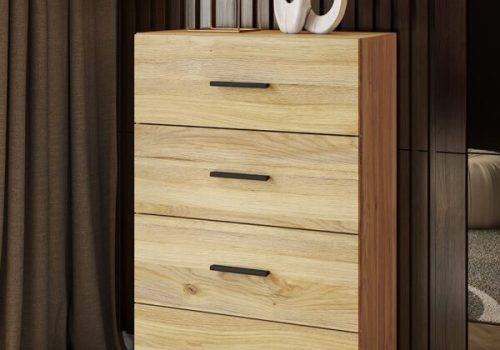 Sinfonier AURA 4 cajones de estilo moderno en color beige con tiradores negros, ubicado en un dormitorio luminoso.