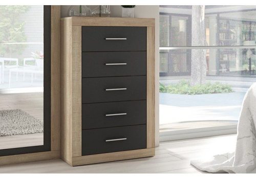 Sinfonier Lara de estilo moderno con cinco cajones en color Andersen pino y gris, ideal para organizar el dormitorio.
