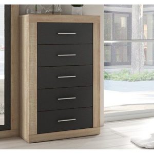 Sinfonier Lara de estilo moderno con cinco cajones en color Andersen pino y gris, ideal para organizar el dormitorio.