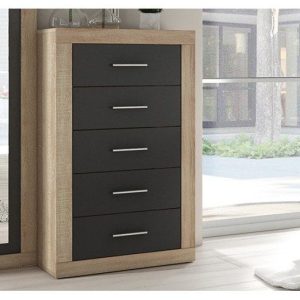 Sinfonier Lara de estilo moderno con cinco cajones en color Andersen pino y gris, ideal para organizar el dormitorio.