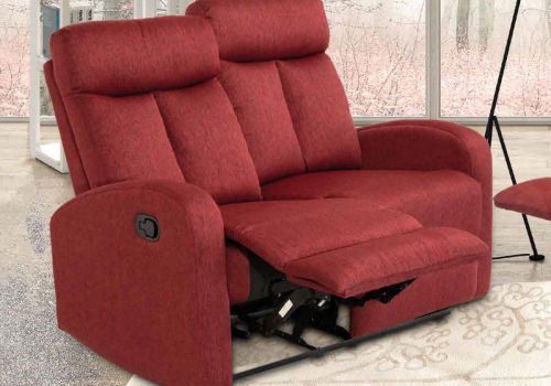 Sofá 2 Plazas Relax Siberia reclinable tapizado en tela de color beige, visto de frente en un ambiente de salón.