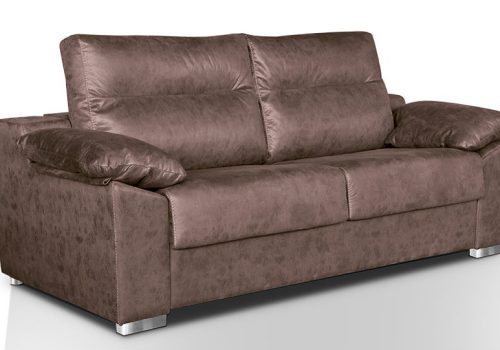 Sofá cama modelo Poo con sistema de apertura italiana tapizado en tela color gris perla en un salón moderno.
